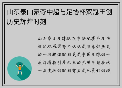 山东泰山豪夺中超与足协杯双冠王创历史辉煌时刻 山东泰山豪夺中超与足协杯双冠王创历史辉煌时刻
